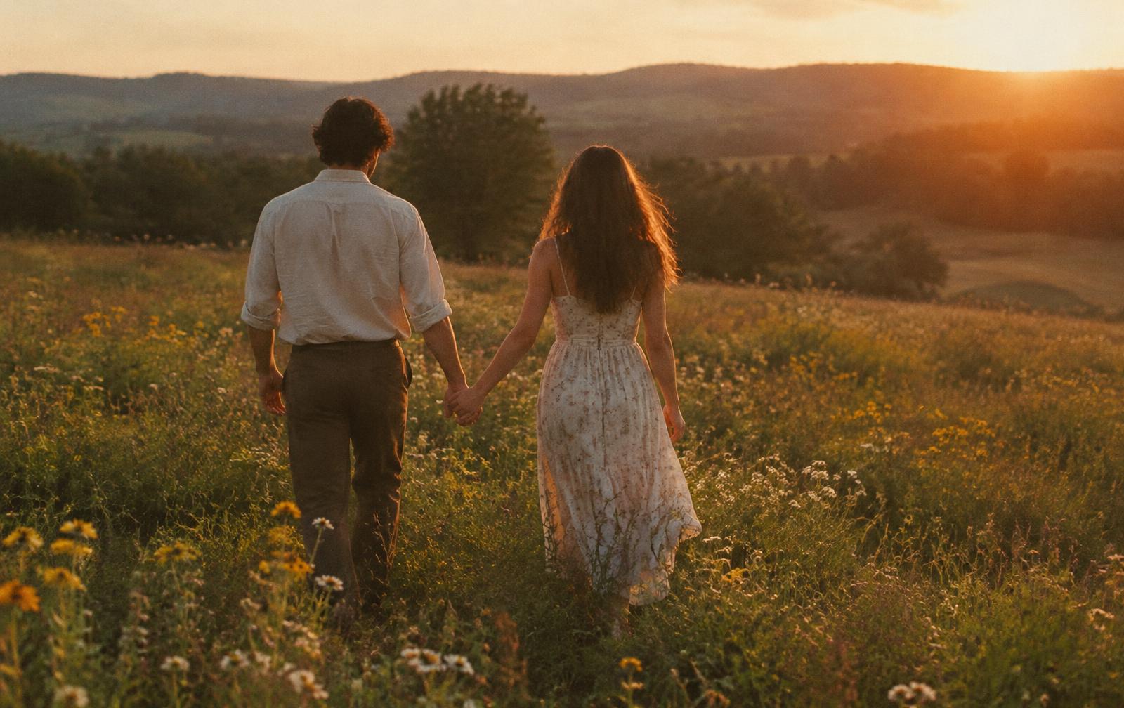 Walking together through a flower field at sunset